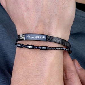 Regalos con mensaje secreto, pulsera con código QR, pulseras de acero negro, regalo de aniversario, ideas de regalo para hombres, pulsera para hombre, regalos para él, diferentes regalos