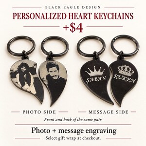 May include: Four black heart-shaped keychains with metal rings. Two keychains feature engraved black and white portraits of people. The other two keychains feature engraved crown icons and the names "ŞABAN" and "RUKEN" in white text.