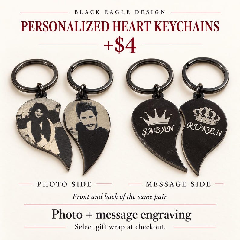 May include: Four black heart-shaped keychains with metal rings. Two keychains feature engraved black and white portraits of people. The other two keychains feature engraved crown icons and the names "ŞABAN" and "RUKEN" in white text.
