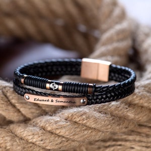 Pulsera de oro rosa / Pulsera con nombre / Pulsera a juego / Pulsera grabada / Pulseras de cuero genuino y acero / Ideas de regalos para hombres