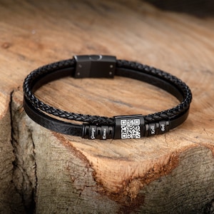 Pulsera con código QR / Regalo personalizado / Pulseras de cuero y acero genuino / Regalo de aniversario / Ideas de regalo para hombres / Pulsera para hombre / Regalo para él