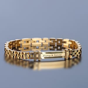 Regalo de cumpleaños, pulsera de oro, regalo personalizado para él, pulsera de acero grabada, pulsera de regalo para esposo, pulsera de eslabones.