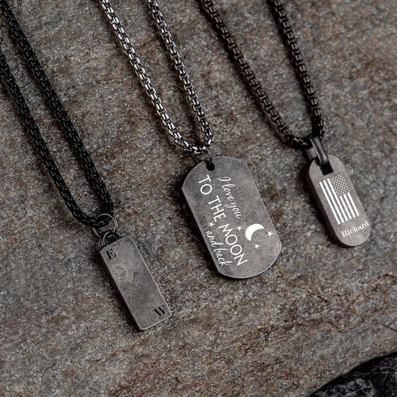 Engraved Initial Tag Necklace for Men: Minimalist Steel Bar Necklace
