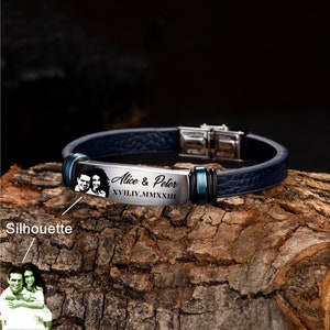 Regalo para el Día del Padre, Pulsera de Silueta, Pulsera de Cuero Genuino, Regalo de Aniversario, Pulsera Personalizada, Pulsera Azul Marino, Ideas de Regalo para Hombres