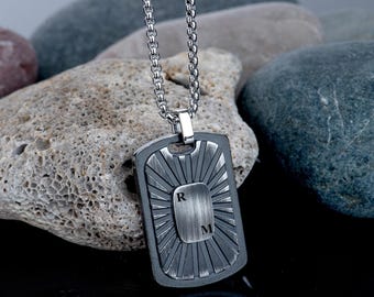 Oxidized Steel Initial Tag Necklace for Men: Engraved Letter Pendant