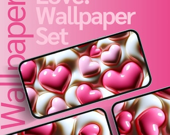 May include: A pink and white wallpaper set with a heart theme. The image shows multiple smartphone screens displaying a pattern of glossy pink hearts on a white background. The words "Love. Wallpaper Set" are in the background.