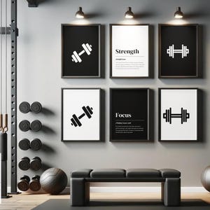 Home gym wall set of 6 black, fitness art, motivational poster, home gym quote, printable art, fitness motivation, gym printable poster; gym