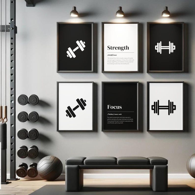 Home gym wall set of 6 black, fitness art, motivational poster, home gym quote, printable art, fitness motivation, gym printable poster; gym