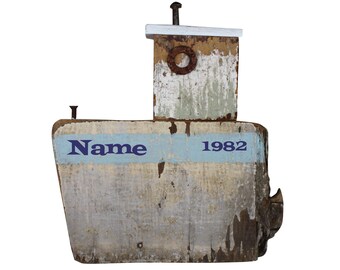 Personalise this wooden boat, handmade reclaimed wood tug boat, personalised gift idea, driftwood boat, for a nursery, child room, bathroom