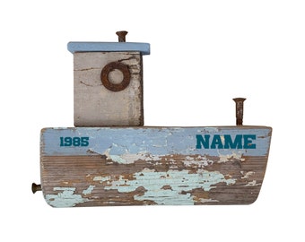 Personalise this handmade wooden boat, reclaimed old wood, unique personalised gift idea, driftwood boat, nursery room, bathroom, nautical