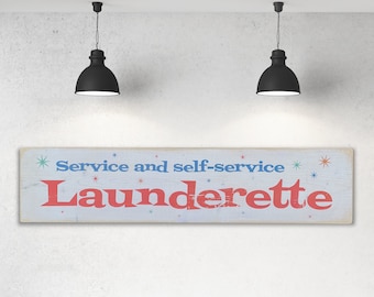 Launderette 1950s style vintage sign, old wooden launderette sign, 50s design, retro 50s, laundry plaque, handmade art, mid-century, fifties