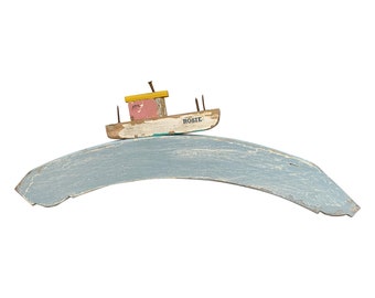 Boat on a wave handmade on upcycled wood, Rosie boat, small wooden boat, nautical gift idea, original art, boat art, sea theme, recycled