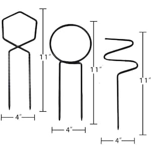 May include: Three black metal plant supports, each 11 inches tall and 4 inches wide. The supports are shaped like a circle, a hexagon, and a wavy line.