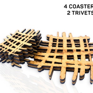 May include: Four wooden coasters and two wooden trivets with a grid pattern. The coasters are stacked on top of each other. The trivets are larger than the coasters.