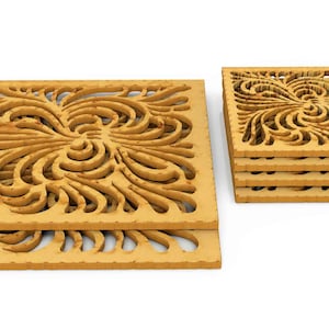 May include: A set of six wooden coasters with a decorative, intricate, laser-cut design. The coasters are square and feature a swirling, floral pattern.
