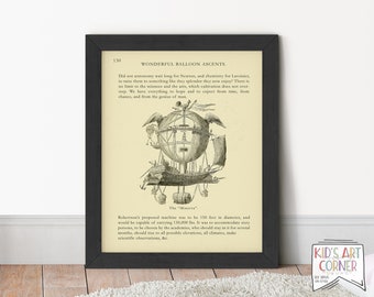 Minerva- Fantasy Air Balloon Book Page, Vintage Themed Décor, Steampunk Art, Sci-Fi Kid's Room, 18th Century, Aeronautics, DIGITAL DOWNLOAD