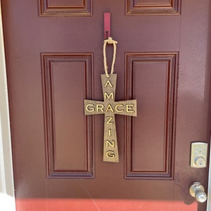 Front Door Decor Amazing Grace Door Hanger 15&quot; Tall Laser Cut with raised lettering. Welcome Sign