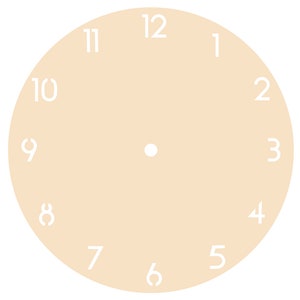 Könnte beinhalten: Ein beigefarbenes Zifferblatt mit weißen Ziffern, die die Stunden von 1 bis 12 markieren. Ein kleiner weißer Punkt ist zentriert. Das Design ist schlicht und minimalistisch.