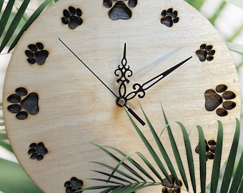 Laser Cut Dog Paw Clock: Rustic Wood Wall Decor, Pet Lover Gift
