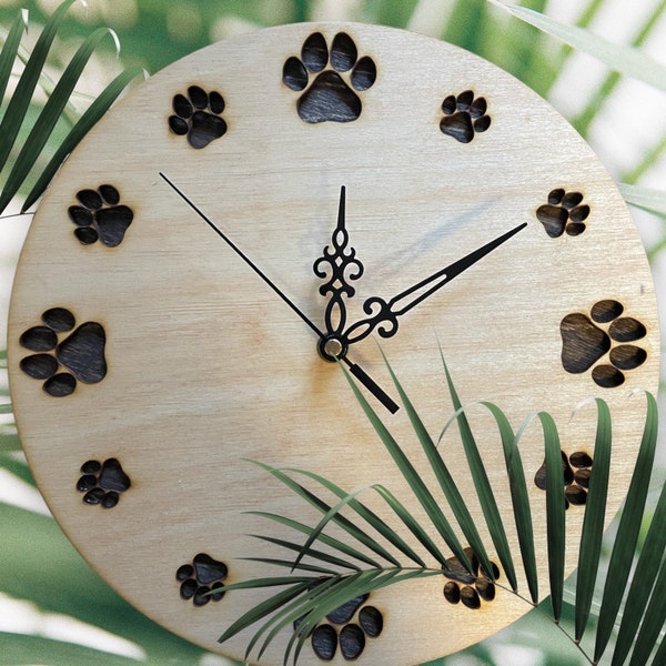 Laser Cut Dog Paw Clock: Rustic Wood Wall Decor, Pet Lover Gift