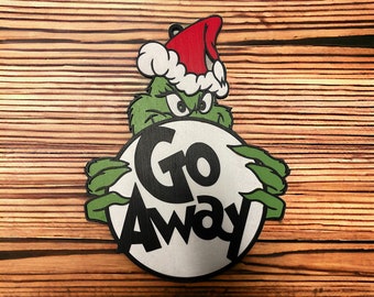 Charming Grinch &#39;Go Away&#39; Door Decor - Unique Wooden Christmas Entrance Decoration
