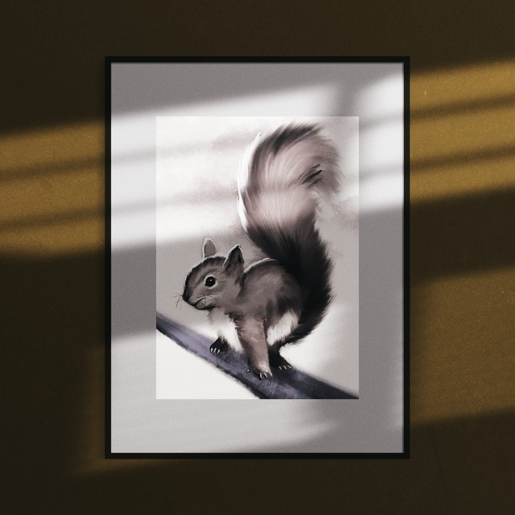 Squirrel Art Print, Woodland Animals Art, Black and White Animal Wall