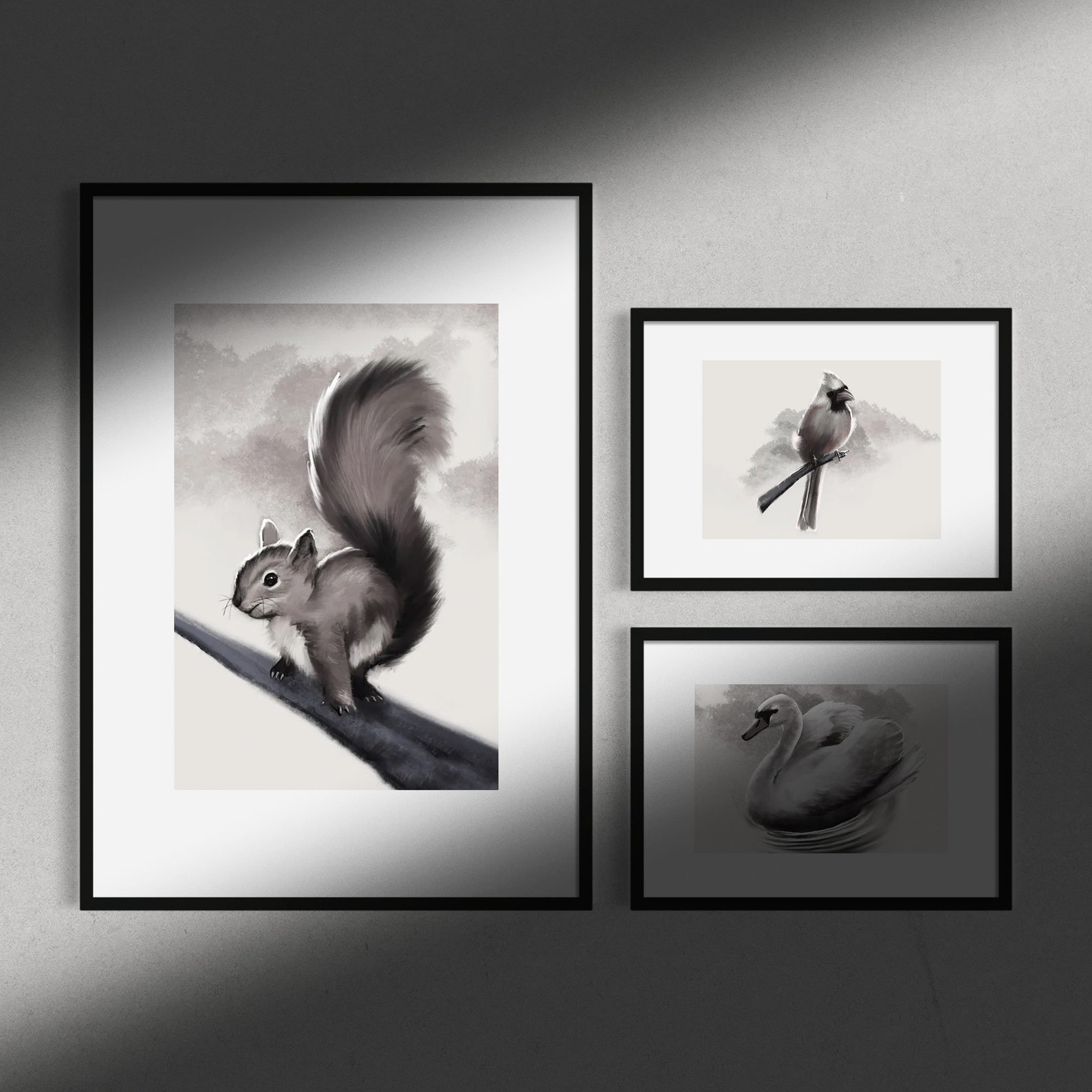Squirrel Art Print, Woodland Animals Art, Black and White Animal Wall
