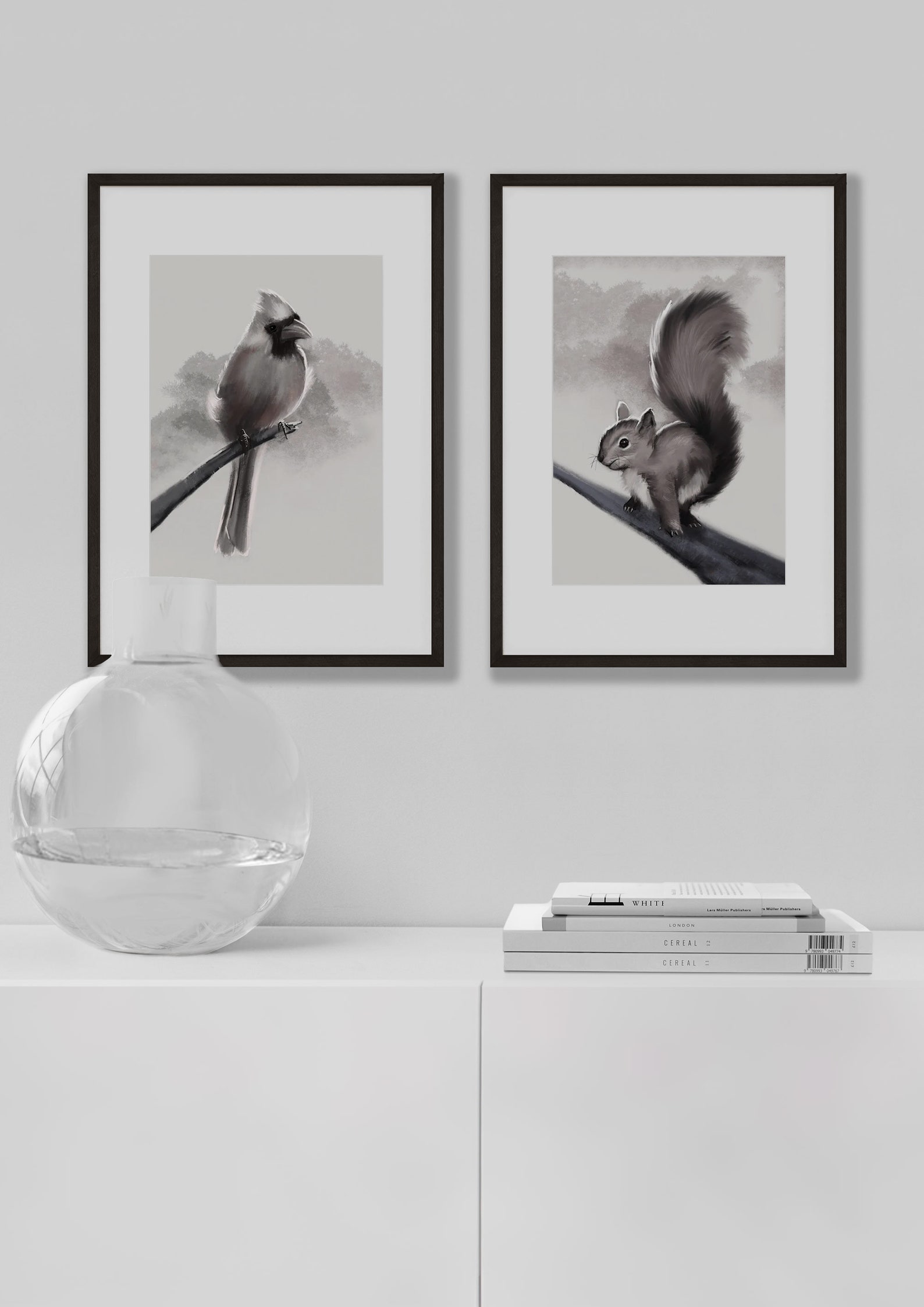 Squirrel Art Print, Woodland Animals Art, Black and White Animal Wall