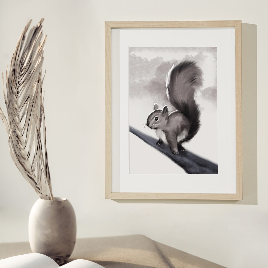 Squirrel Art Print, Woodland Animals Art, Black and White Animal Wall