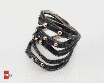 Ring Black Silver with Golden Pearls