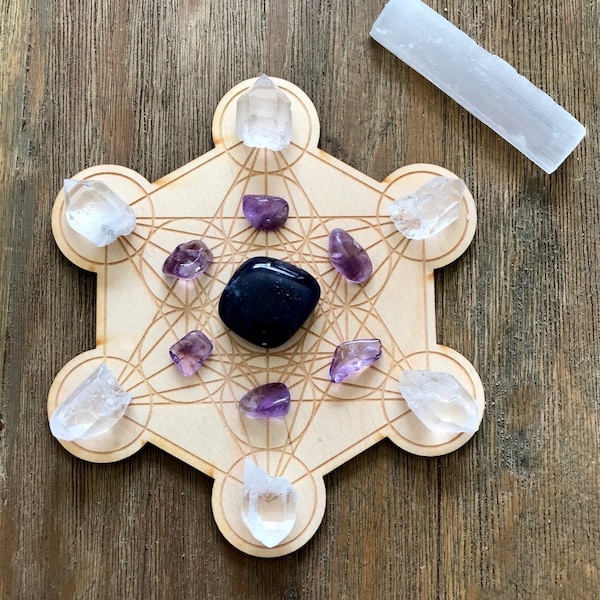 Vision Intuition Strength Crystal Grid Kit Metatron's Cube Set Amethyst Iolite Reiki Infused With Selenite Stick