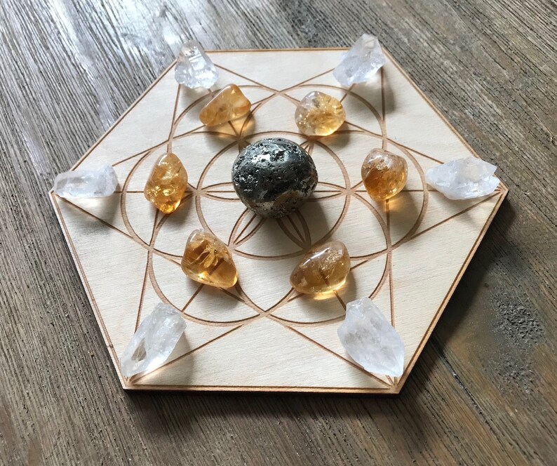 Manifestation Good Fortune Creativity Crystal Grid Kit Seed of Life Reiki Infused Set With Selenite Stick Citrine Pyrite image 3