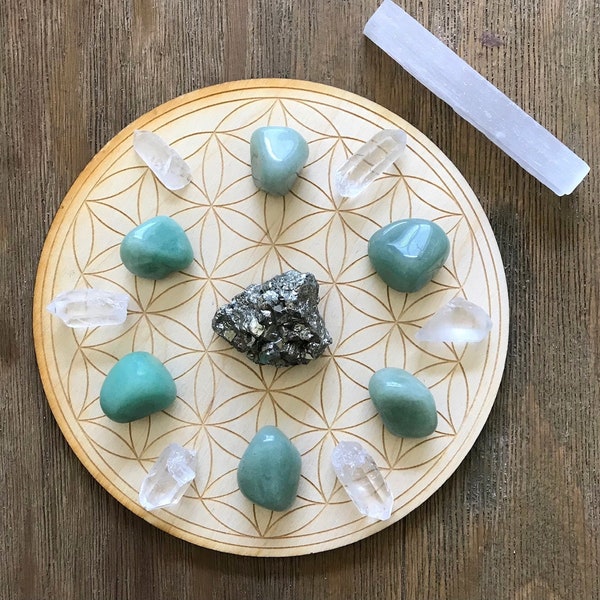 Abundance and Good Fortune Crystal Grid Kit Flower of Life Reiki Infused Set With Selenite Stick