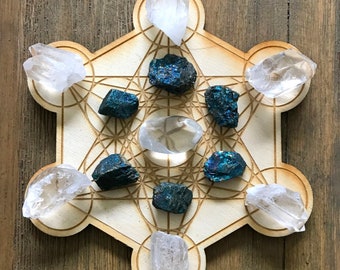 Spiritual Guidance and Alignment Crystal Grid Kit Metatron's Cube Chalcopyrite Clear Quartz Reiki Infused With Selenite Stick