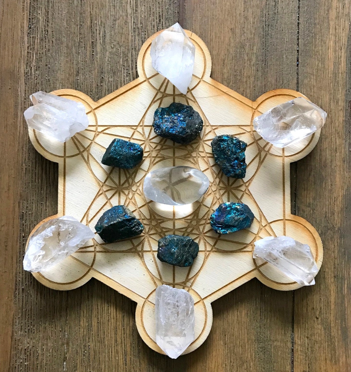 Spiritual Guidance and Alignment Crystal Grid Kit Metatron's Cube Chalcopyrite Clear Quartz Reiki Infused With Selenite Stick