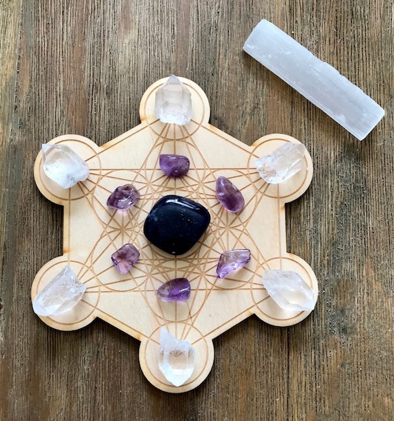 Vision Intuition Strength Crystal Grid Kit Metatron's Cube Set Amethyst Iolite Reiki Infused With Selenite Stick