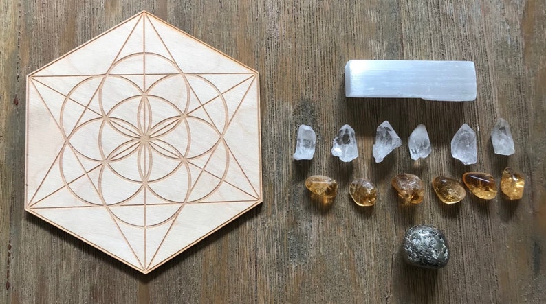 Manifestation Good Fortune Creativity Crystal Grid Kit Seed of Life Reiki Infused Set With Selenite Stick Citrine Pyrite image 4