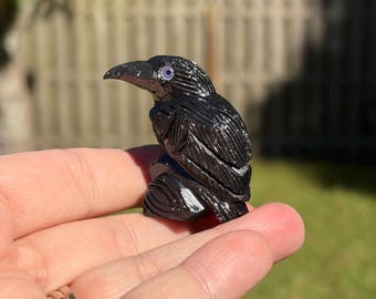 Black Onyx Small Raven Crystal Carving Reiki Infused Odin The Morrigan Protection Truth Crow