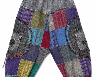 Nepal Yogahose im traditionellen Patchwork-Stil | Stoffhose | Handgefertigt aus Baumwolle – Nepal | Einheitsgröße | Hippie-Boho-Stil, mehrfarbig