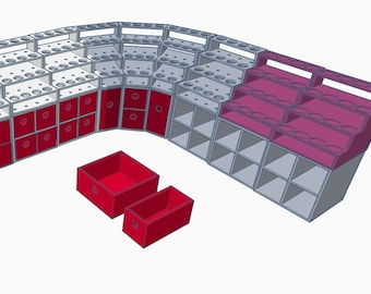 May include: A white and gray modular shelving unit with red drawers and boxes. The unit has multiple shelves and compartments for storage.