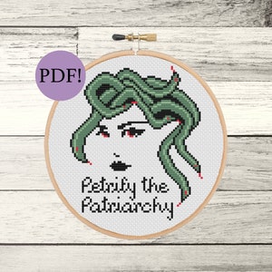 Petrify the Patriarchy cross stitch pattern, PDF digital download, medusa gift for feminist, modern cross stitch, Greek Mythology pattern