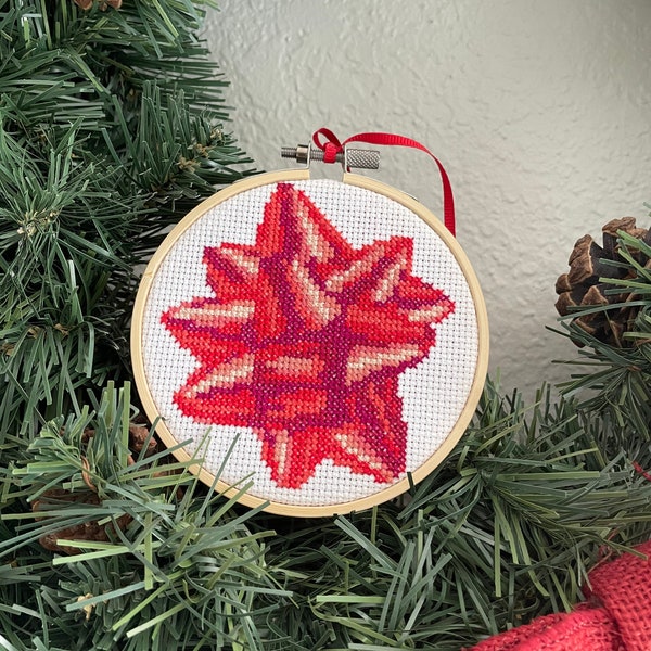 Christmas tree ornament, completed cross-stitch, red Christmas bow, gift, 4 inch hoop, stocking stuffer gift for friend, hostess gift, party