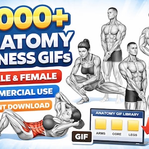 以下が含まれることがあります： 「1,000+ Anatomy Fitness GIFs」のテキストが入った解剖学フィットネスGIFグラフィック。画像には、男性と女性の解剖学イラスト、 「Anatomy GIF Library」と赤い矢印が入ったラップトップが含まれています。テキストには「Commercial Use」と「Instant Download」も表示されています。