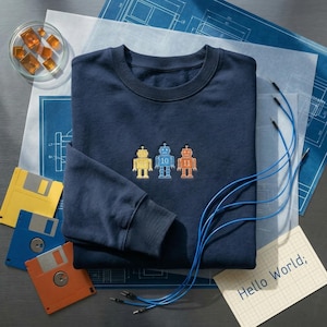 Personalized Binary Robot Embroidered Sweatshirt | Gift with Name | Software Engineer Gift | Retro Tech Hoodie | 2000s Aesthetic Crewneck