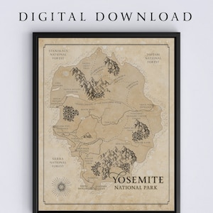 DESCARGA DIGITAL: Parque Nacional de Yosemite Mapa de estilo vintage 11x14, Decoración minimalista del Parque Nacional, Mapa de viaje