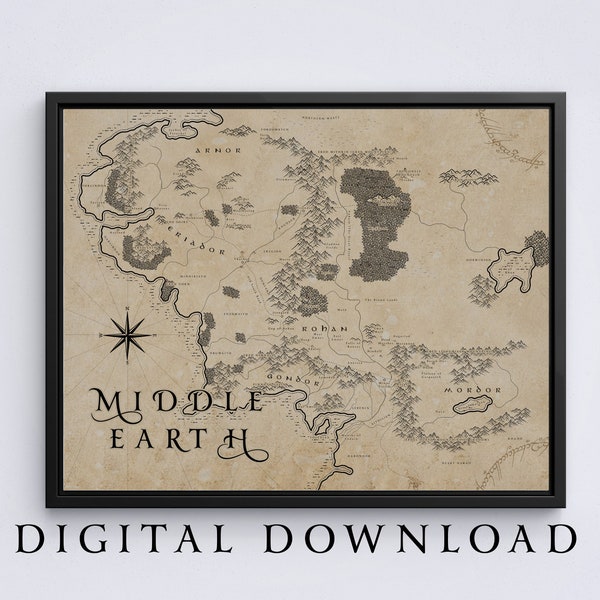 DIGITAL DOWNLOAD Lord of the Rings Middle Earth Map, Vintage/Paper-Style Map