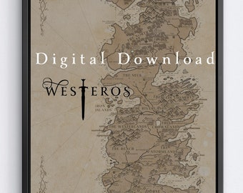 TÉLÉCHARGEMENT NUMÉRIQUE Carte de Game of Thrones/Westeros, vintage, style papier, 11 x 14