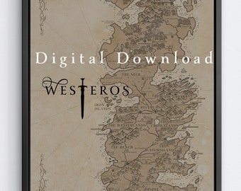 DIGITAL DOWNLOAD Game of Thrones/Westeros Map, Vintage, Paper Style, 11x14