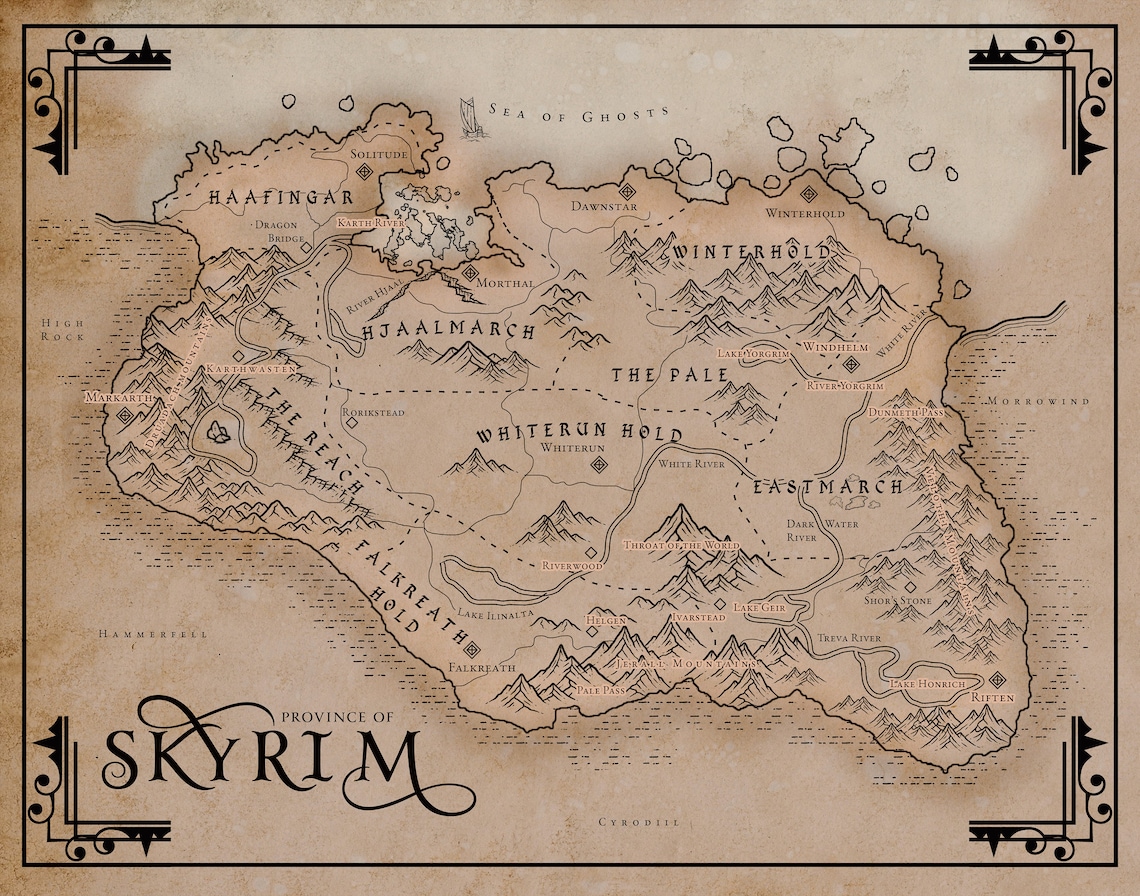 Skyrim Map DIGITAL DOWNLOAD Vintage Style 11x14 Etsy