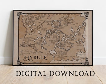 DIGITAL DOWNLOAD Zelda Breath of the Wild Hyrule Map, Vintage Paper Style